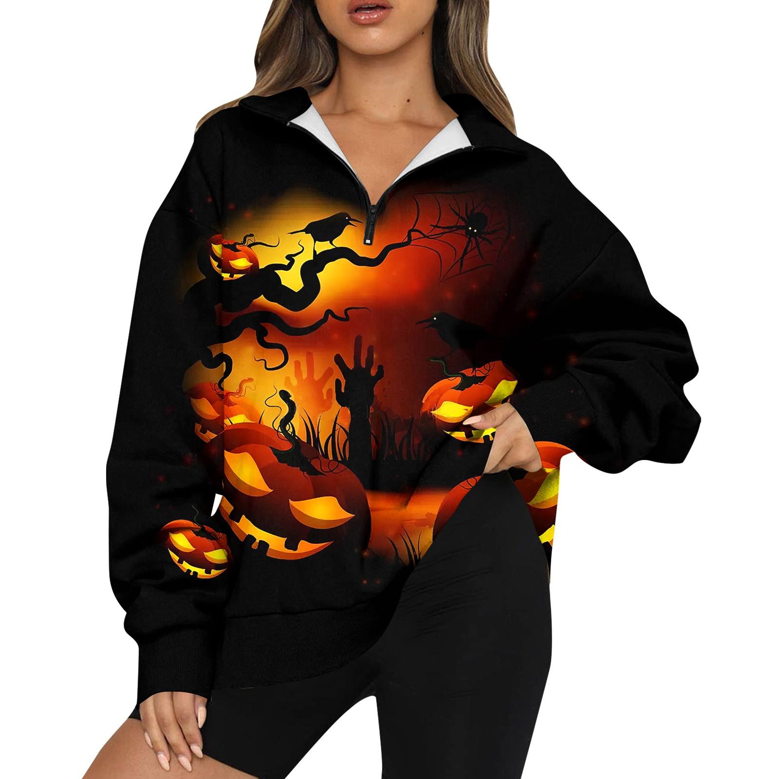 

Женская мода повседневная толстовка с длинным рукавом и принтом на Хэллоуин с застежкой-молнией и воротником-стойкой с заниженными плечами XXXL чёрный