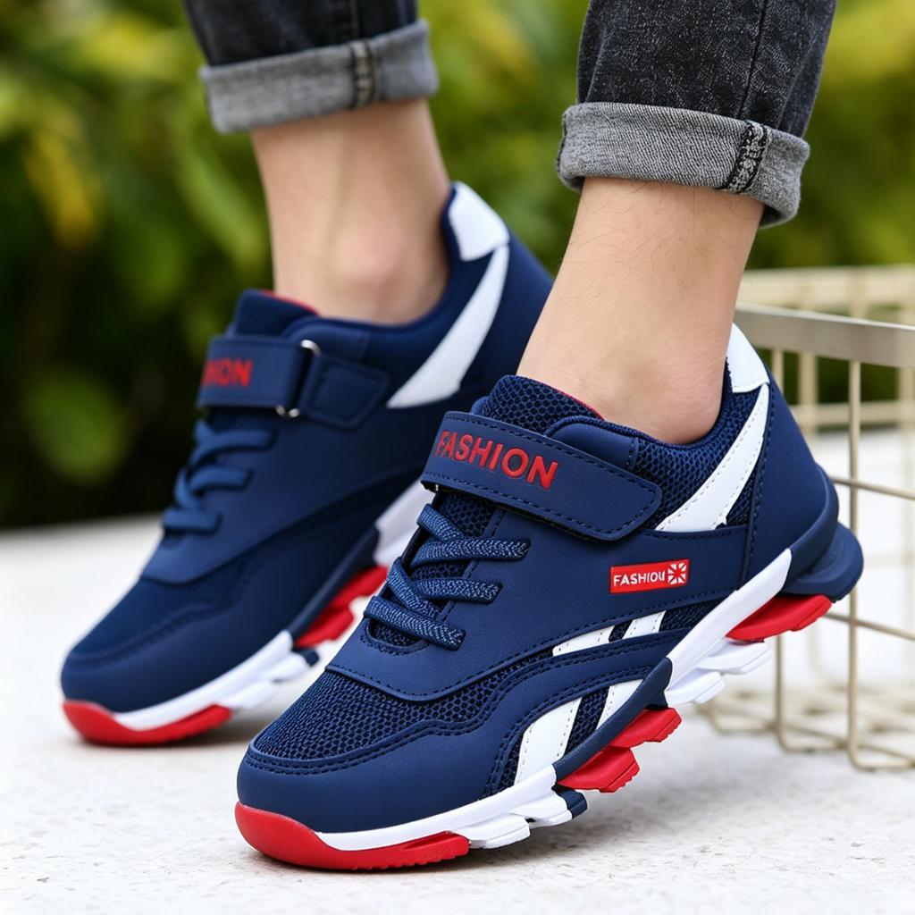 Fashion Thick Sole Mesh Hook and Loop Closure Durable Student Running Shoes Lightweight Breathable Athletic Sneakers for Kids Boys Girls