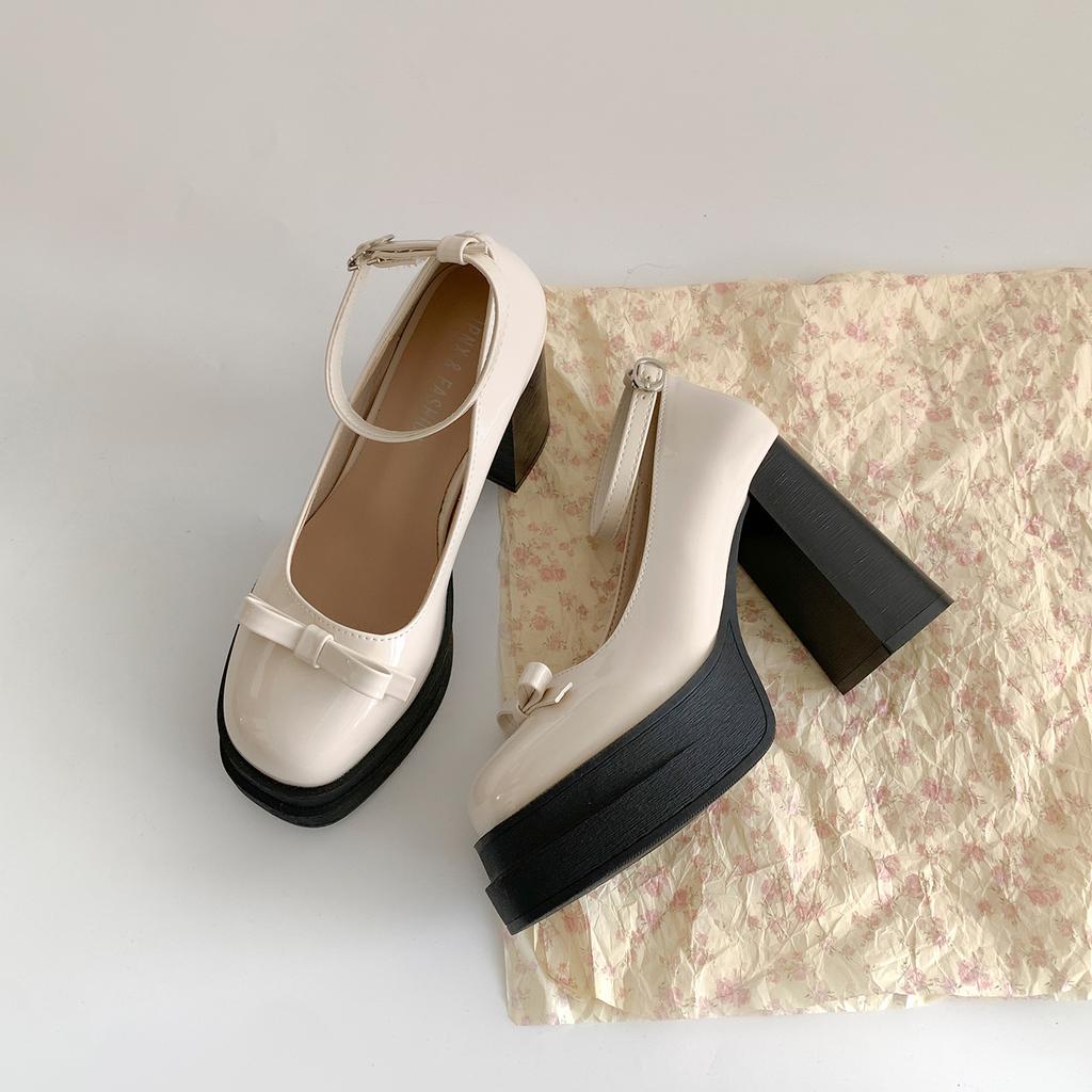 White French Retro Thick Heel High Heels Women's 2025 New Summer with Skirt Bow Mary Jane Single Shoes