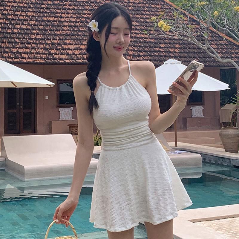 

One Piece Swimsuit Women s Skirt Style Fairy Fan Chaoxian Han Ins Hot Soaking Covering Belly Slimming Conservative Sexy Swimming Outfit M белый