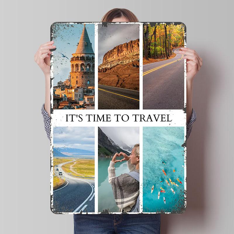 Its Time to Travel Collage Tin Plaque Poster Customized Wall Art Retro Vintage Metal Signs for Man Cave Living Room Decorations 7.9x11.8In(20x30cm)