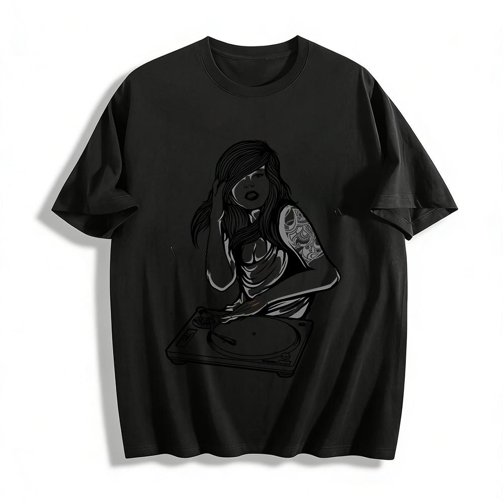 Cool DJ Girl Print T-shirt Street Music Style Casual Loose Top Pure cotton T-shirt XXS