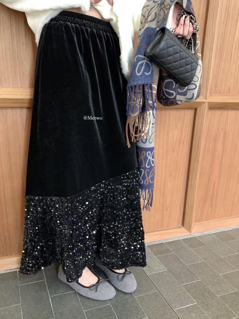 Women s Black Velvet Sequin Patchwork Mermaid Skirt - Winter 2025, Elastic Waist, Elegant A-line Design Large чёрный