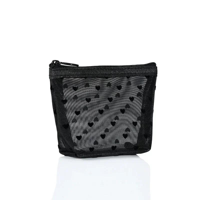 Women Cosmetic Pouch Toilet Storage Bag Ladies Toiletry Lipstick Key Coin Organizer Bags Purse Heart Transparent Mesh Makeup Bag