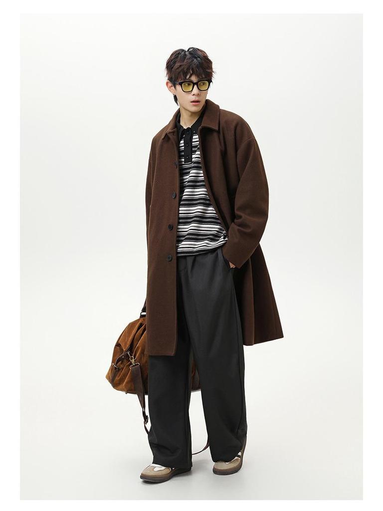 Men's Mid-Length Wool Coat - Dragon & Phoenix Design, Autumn/Winter Korean Style, Thick Windbreaker, Loose Fit, Trendy Brand Lapel Jacket.