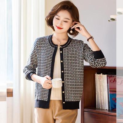 Qianlian Women's Wool Blend Plaid Knit Cardigan Jacket