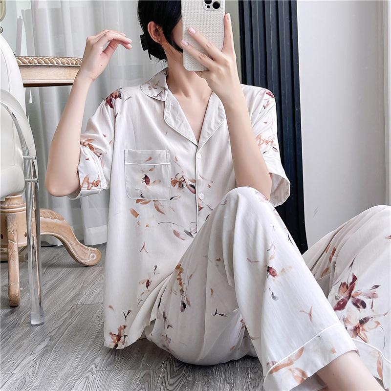 Korean version of sweet girl short-sleeved pajamas women's spring summer cotton and silk shirt collar can be worn outside loungewear princess