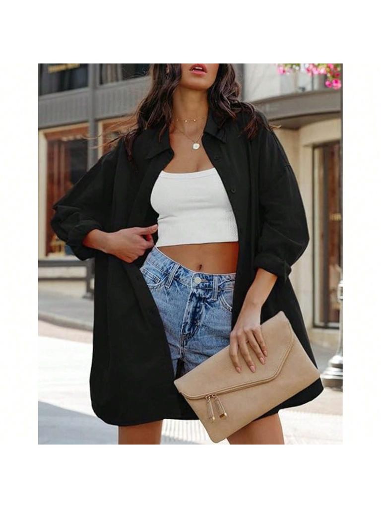 Women's Oversized Button Down Blouse Long Sleeve Stand Collar Loose Casual Top with Pockets