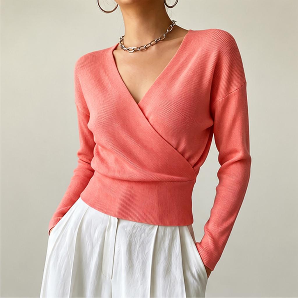 Women's Color Long Sleeve Cross Front Waist Tie Knit Top