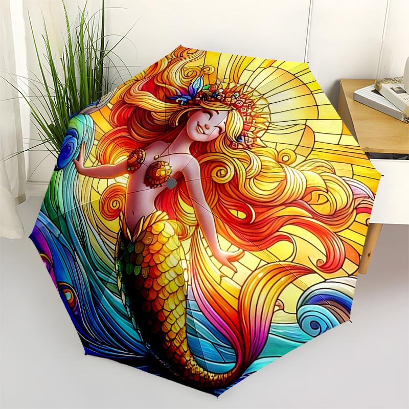 1pc Stained Glass Mermaid Auto-Folding Umbrella - Portable 3-Fold Design with 8-Bone Iron Frame, Perfect for Outdoor Use, Festive Gifts, Travel, Daily