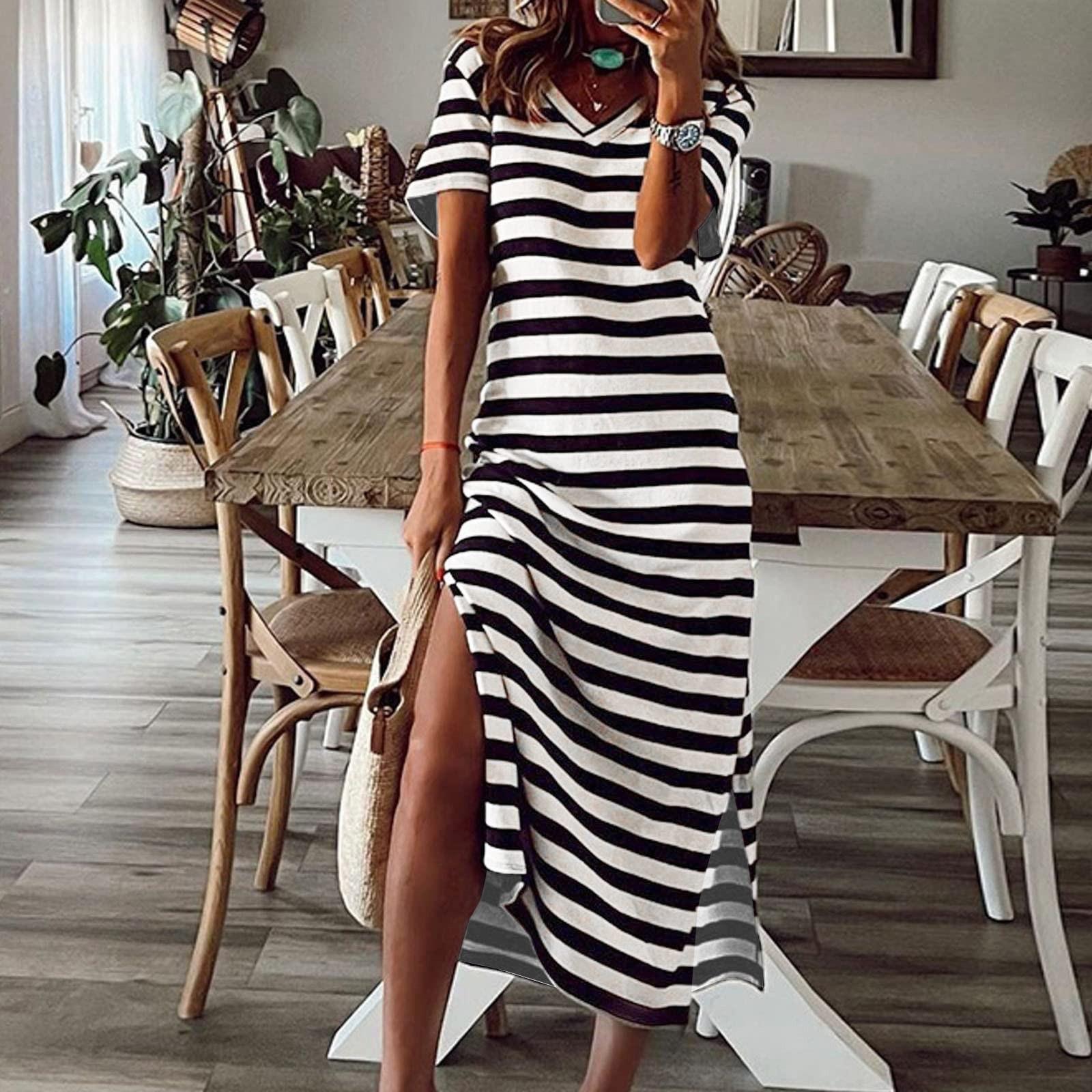 

Женское полосатое платье миди с разрезом по бокам и V-образным вырезом с коротким рукавом, повседневное, свободное праздничное платье XL белый