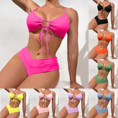 Women's Solid Color Swimsuit Women's Split Thin Strap High Waist Swimsuit Cover-up Four-Piece Set