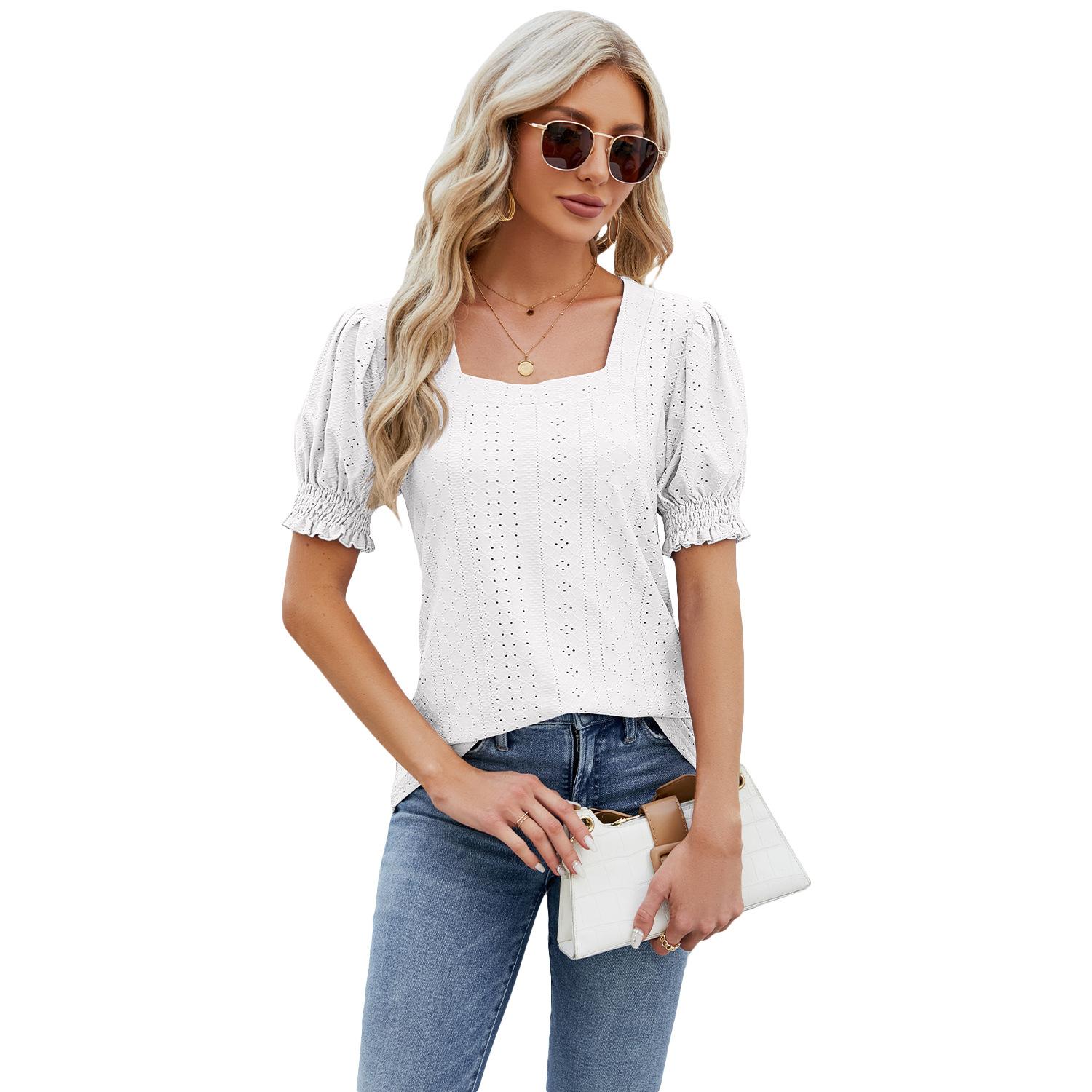 

Весенне-летняя женская футболка с жаккардовым квадратным вырезом, однотонная свободная футболка с рукавами-пузырьками, топ S белый