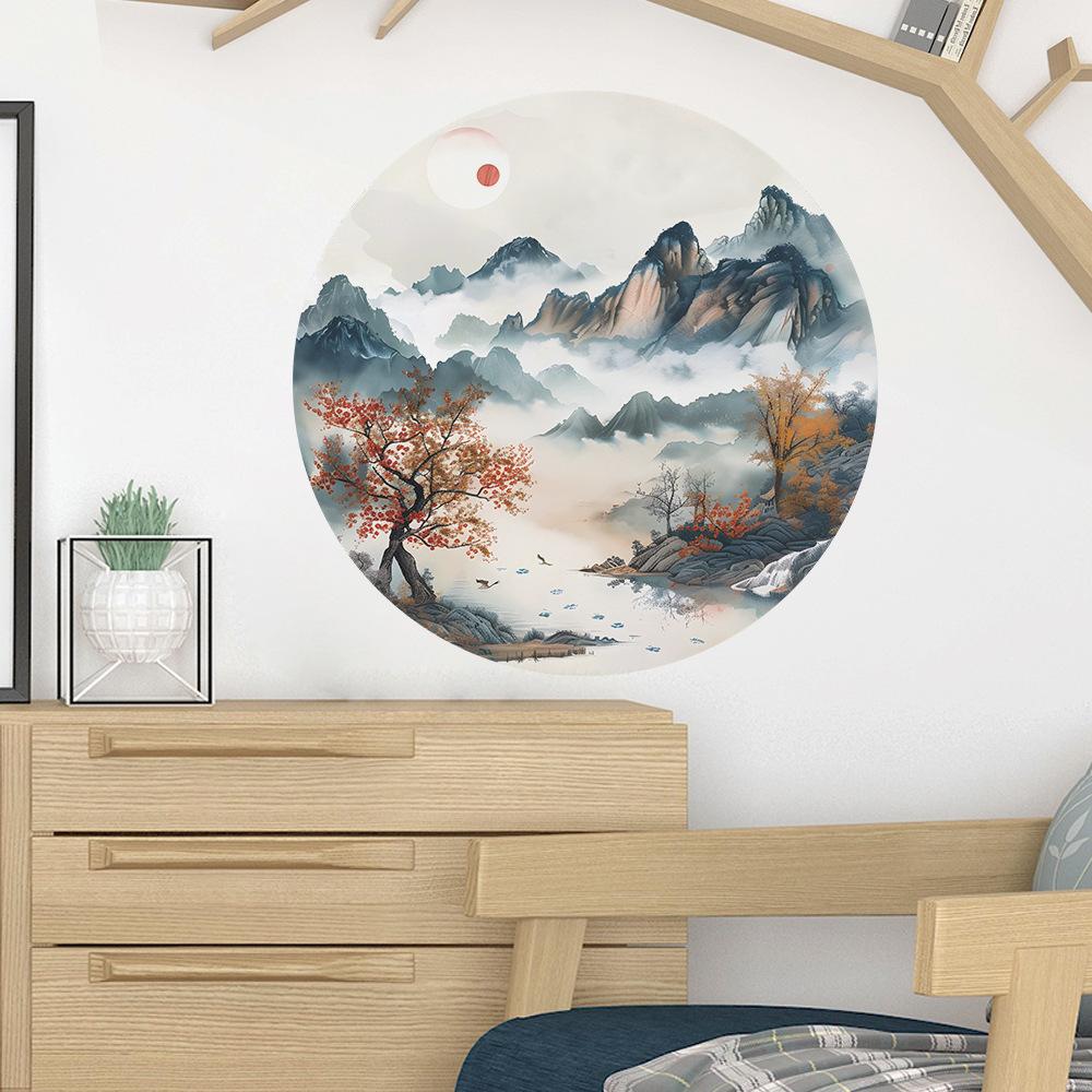 Minimalist Mountain Water Painting Wall Sticker Self-Adhesive for Bedroom Study Tea Room Home Background Decoration
