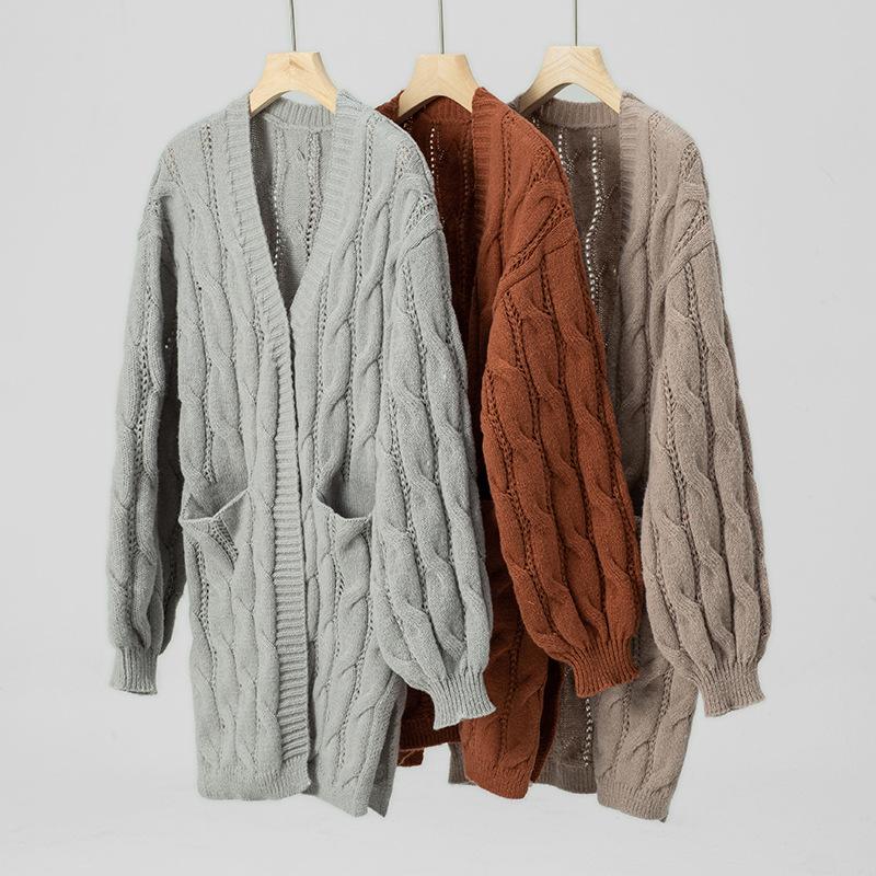 Podzim Zima Vintage Volný Top s Dlouhým Rukávem Jednobarevný Cardigan Svetr S výstřihem do V