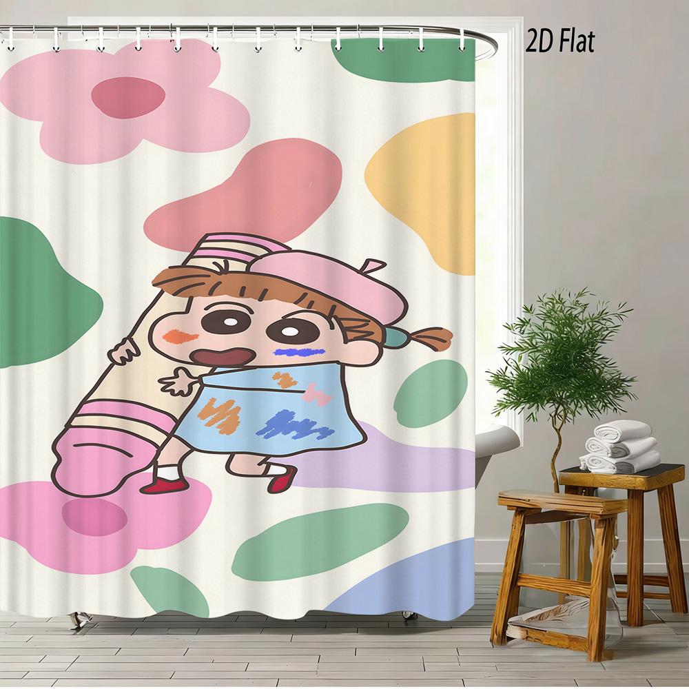 Crayon Shin-Chan Umbrella Walking Cartoon 2D Print Waterproof Shower Curtain, Minimalist White Bathroom Decor With Hooks
