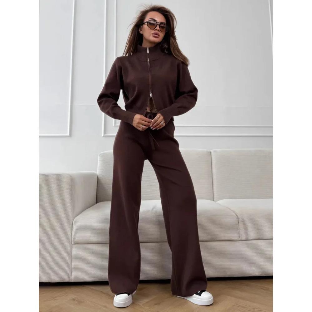 Autumn Winter Zip Up Knit Pants Set Women's Trendy Slim Fit Cardigan Pants Chic Commuting Sweater Outfit