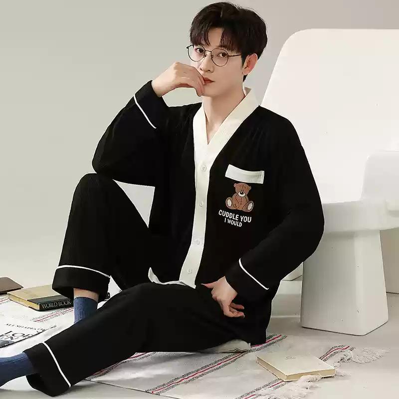 Herren Kimono Langarm Pyjama Set Cardigan Baumwolle Frühling und Herbst Loungewearkoreanische Mode Loungewear