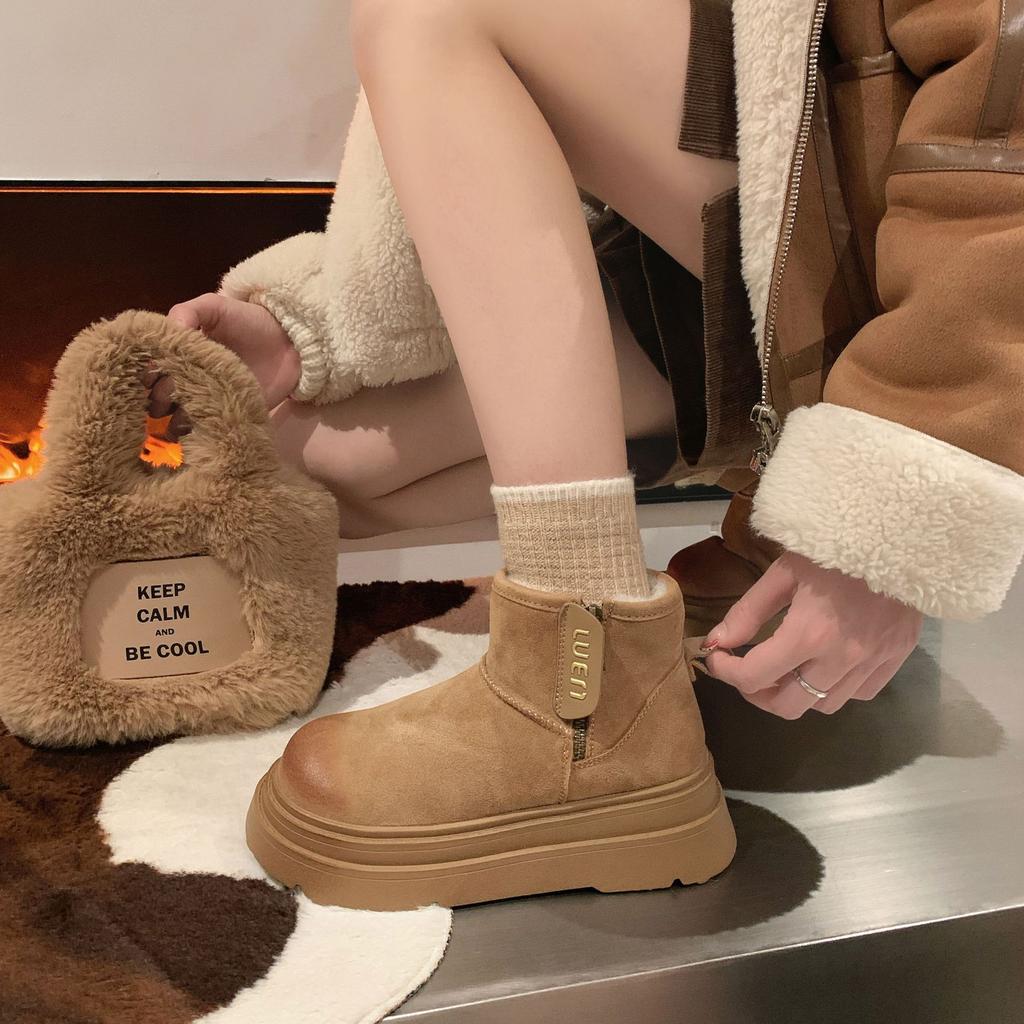 Snow Boots Cotton Shoes Winter New Velvet Thickened Thick-soled Non-slip Zipper Women's Boots Flat Short Boots