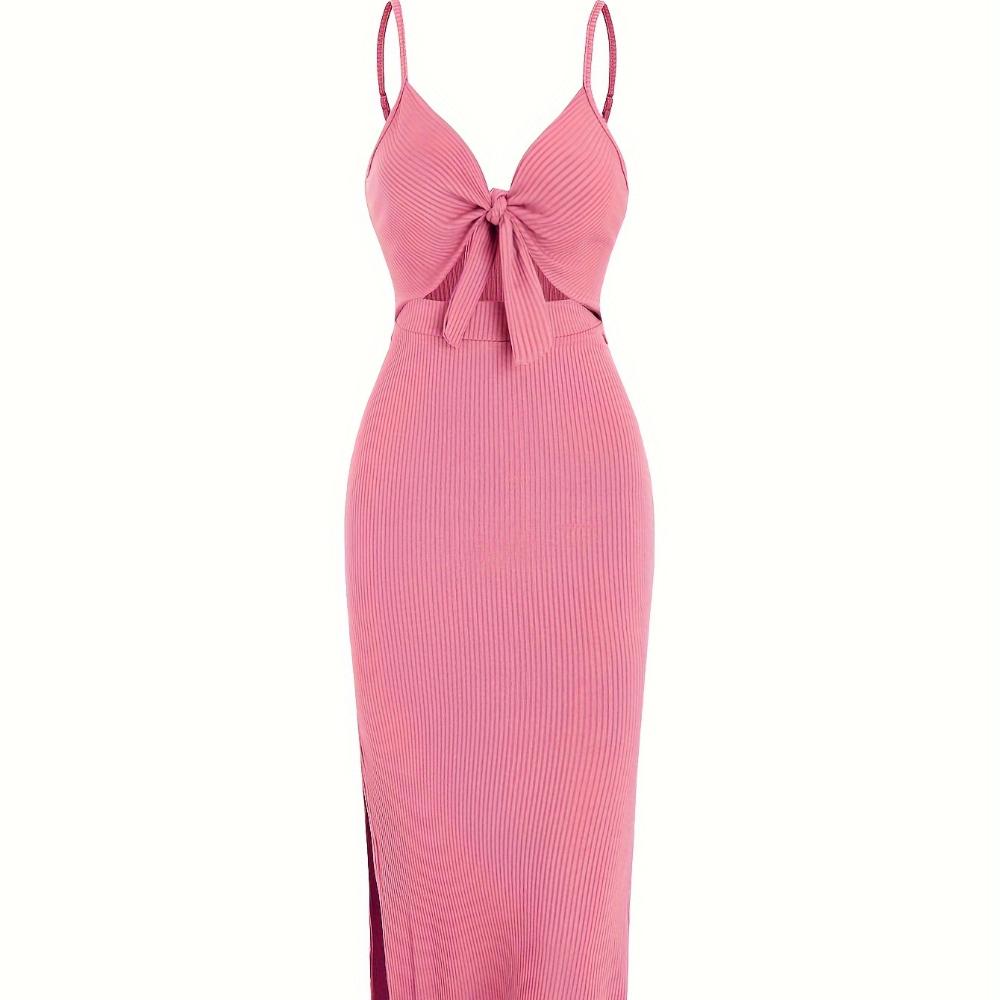 Modisches, schlichtes, ärmelloses Trägerkleid aus Strick für Frühling und Sommer, mit tiefem Rückenausschnitt und sexy langem Rock mit Ausschnitt.