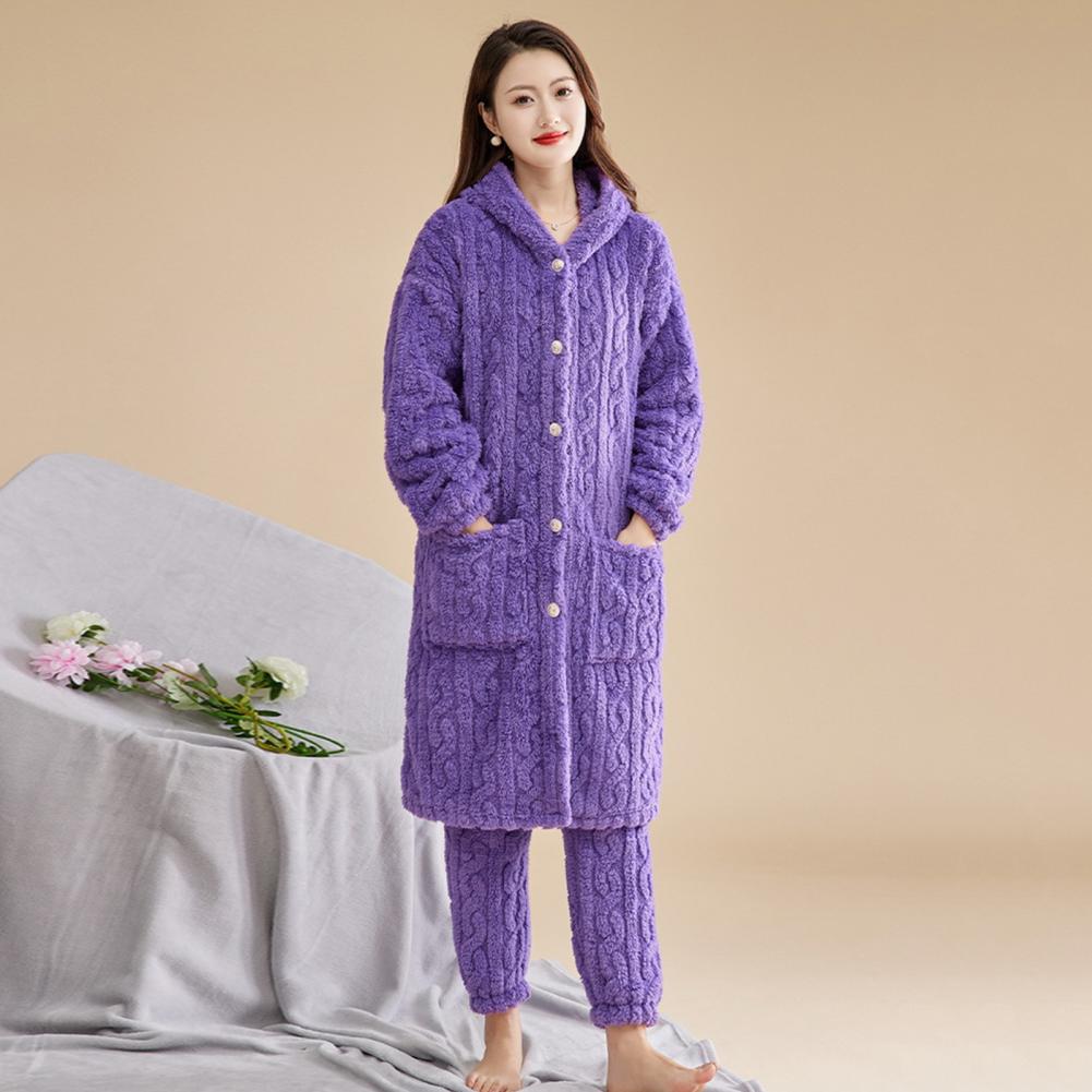 2 Pcs/Set Women Winter Bathrobe Pants Set Thick Fleece Keep Warm Hooded Robe with Pockets Loose Homewear Sleepwear Pajamas