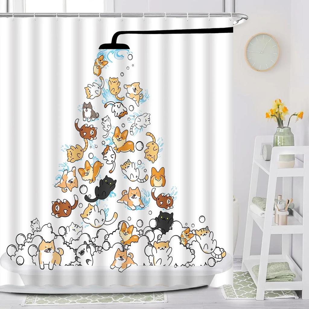 Cartoon Animal Shower Curtain with Funny Cat and Dog Paws Cute Kids Shower Print Family Bathroom Decoration with Hooks