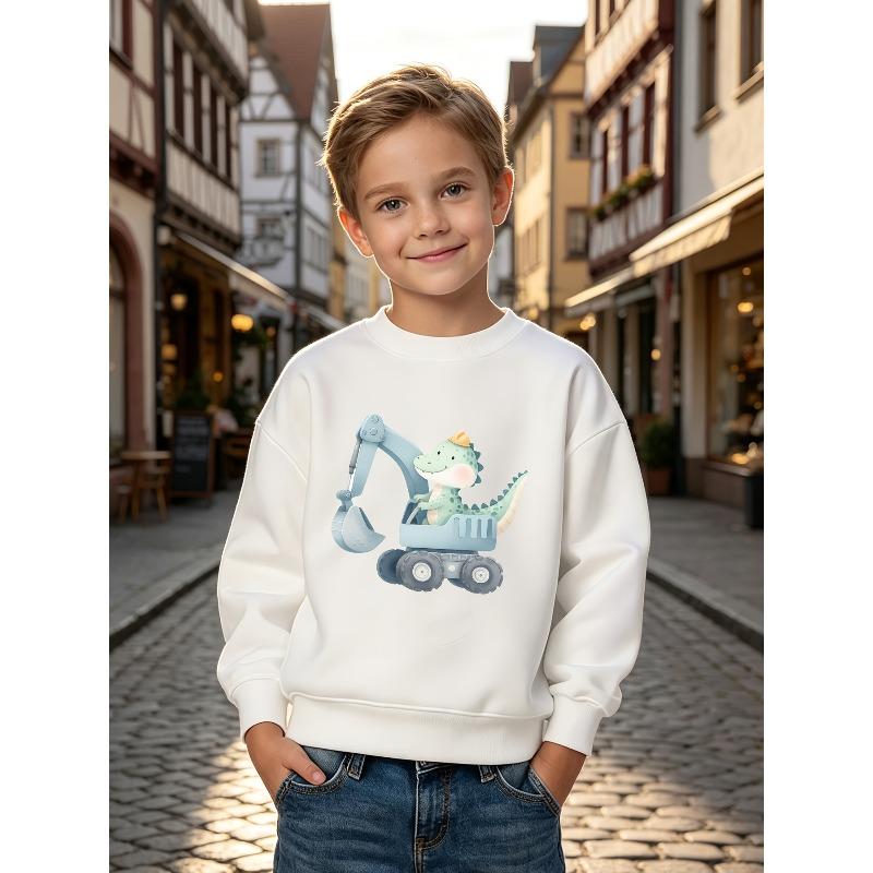 Unisex Long Sleeve Crewneck Pullover Sweatshirt Featuring Cartoon Dinosaur Operating an Excavator Machine. Ideal for Daily Casual Outfits, Home