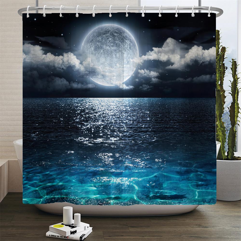 Waterproof Shower Curtain Set Moonlight Sea Starry Sky Scenery Bath Rug And Mats With Hooks Toilet Seat Cover Bathroom Decor