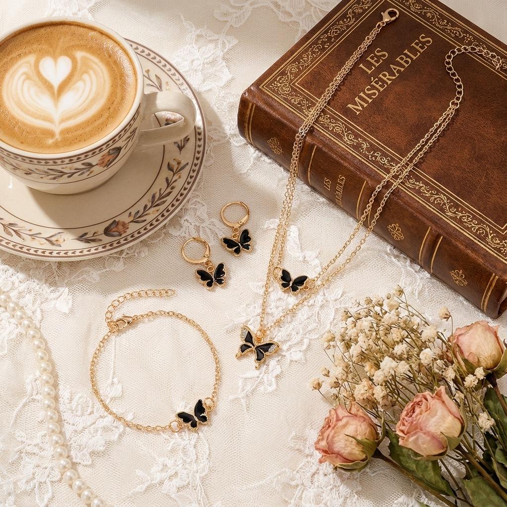 Exquisite and Luxurious Butterfly Pendant Necklace and Bracelet Set, Unique High-End Oil-Drip Earrings