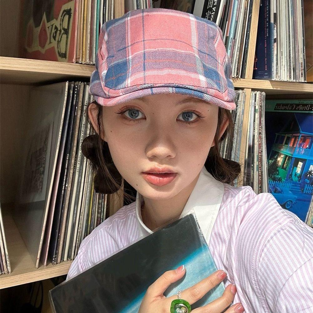 Dopamine Style Plaid Beret Hat Lattice Flat Peaked Cap Elegant Lattice Sun Hat  Travel