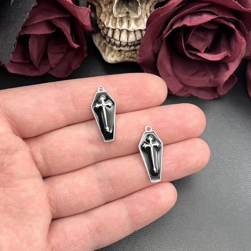 10pcs 26*11mm Enamel Halloween Charms Vampire Cross Coffin Pendants for Necklace Keychain Diy Jewelry Making Accessories