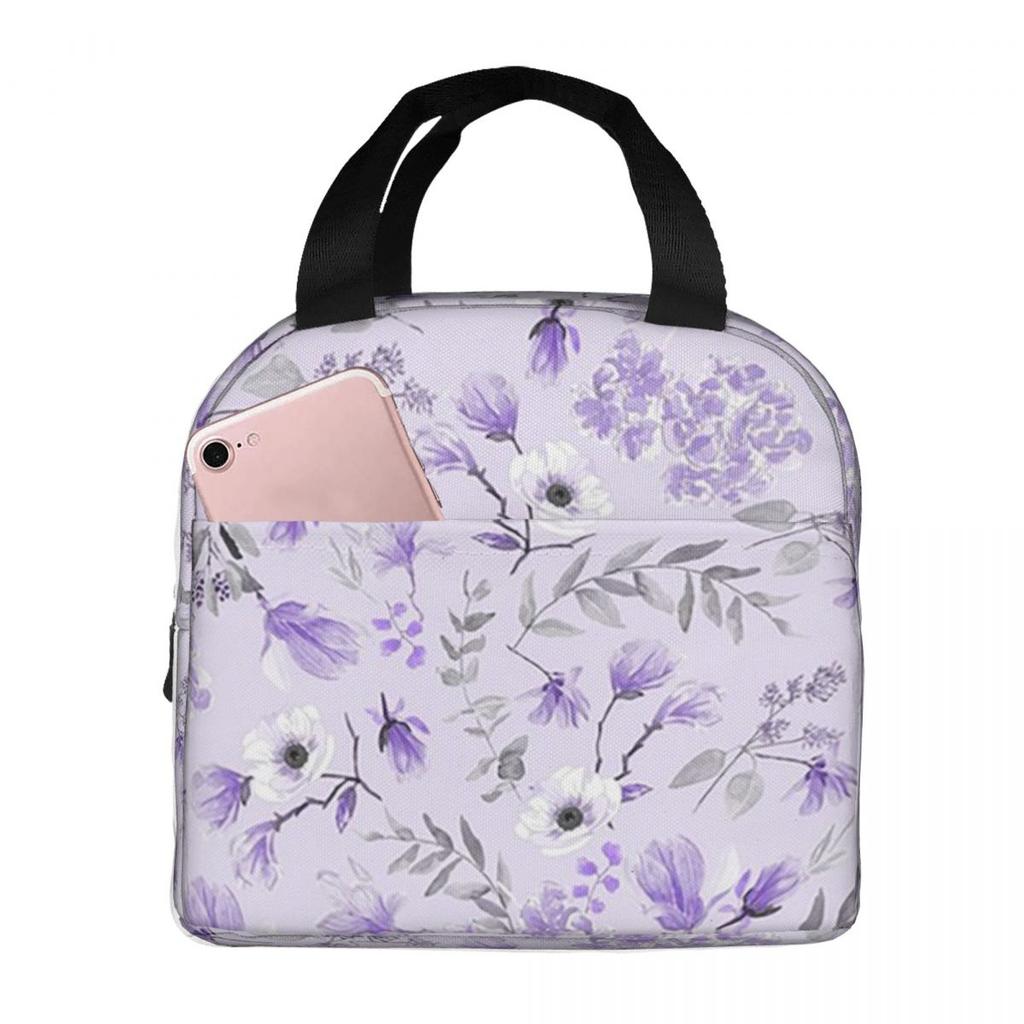 Light Purple Floral Pattern Insulated Lunch Bag for Women Kids Portable Food Boxes Thermal Lunch Box Tote