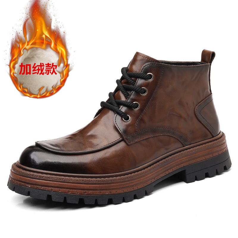 Black fashion Martin boots men's 2024 autumn and winter new velvet warm high-top cotton shoes Martin boots men