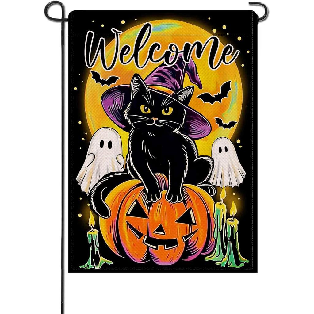 Welcome Halloween Black Cat Small Decorative Garden Flag, Spooky Jack O Lantern Pumpkin Yard Outside Decor Pet Owner Lover Gift, Moon Outdoor Home Dec