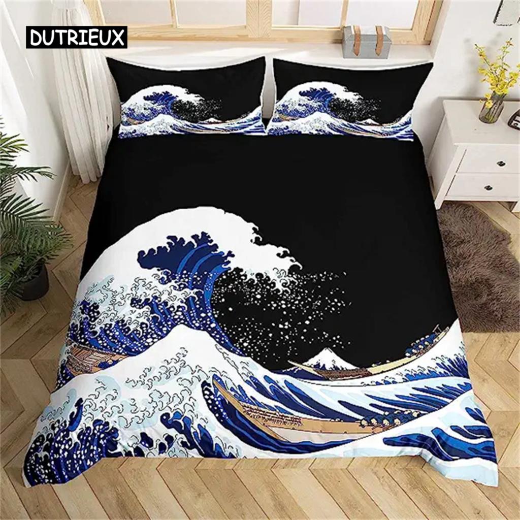 Duvet Cover Japanese Style Sea Ocean Waves Nautical Hand Drawn Japanese Style Cover Illustration Ukiyoe Themed Decor Blue Cream