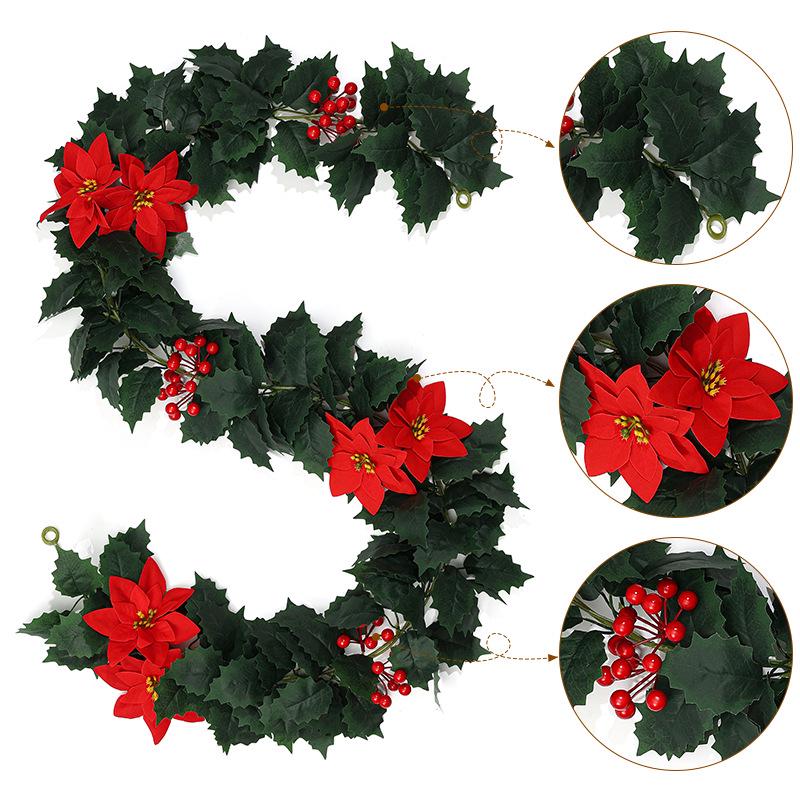European & American Christmas Poinsettia and Holly Red Berry Vine Artificial Greenery for Home & Holiday Décor