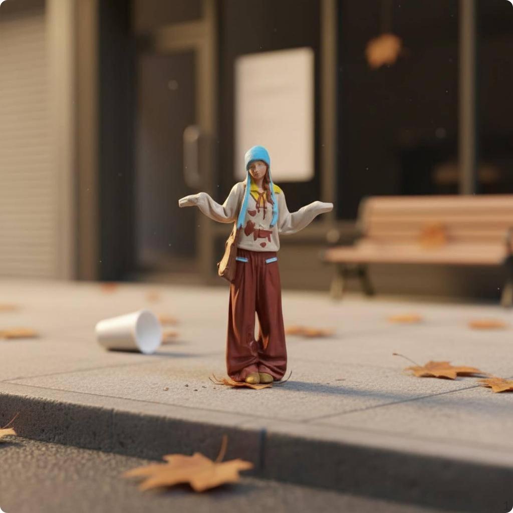 1:64 Miniature Girl Figure Photo Props Autumn Street Scene Model Realistic