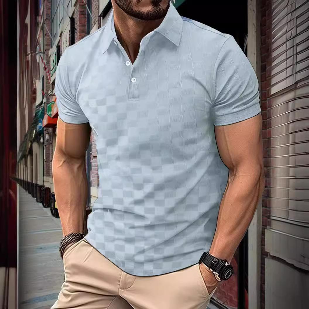 

2026 Summer Men s Ice Silk POLO Shirt Jacquard Check T-shirt Men s Fashion Casual Short Sleeve T-shirt Men s Tops S синий