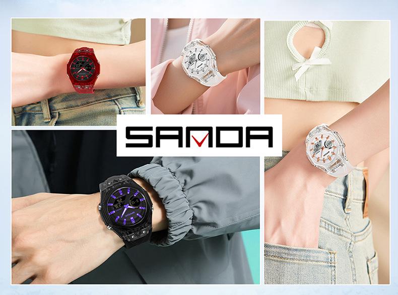 Sanda Dual Display Multifunction Fashion Wristwatch with Colorful Transparent Case for Youthful Korean Style