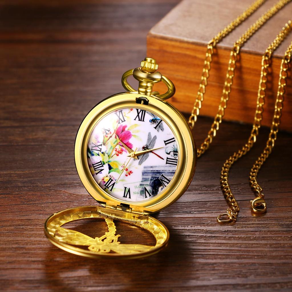 Pocket Watch Dragonfly Antique Analog with Pocket Watch Pendant Watch Waterproof Necklace Chain Gold Birthday Anniversary Christmas Valentine White
