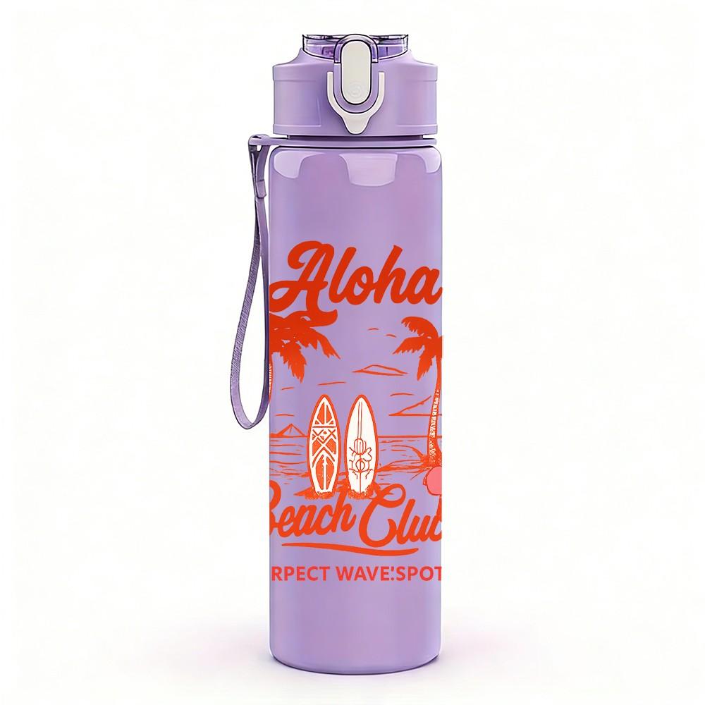 1PC Aloha Palm Beach Retro Text 750ml Color Plastic Sports Water Bottle Leakproof Flip Straw Lid Suitable for Sports Office Home Use