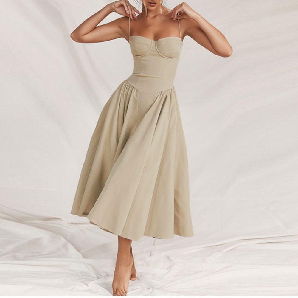 Women's Spaghetti Strap Midi Dress Solid Bustier High Waist Flared Swing Mid-Calf Sundress