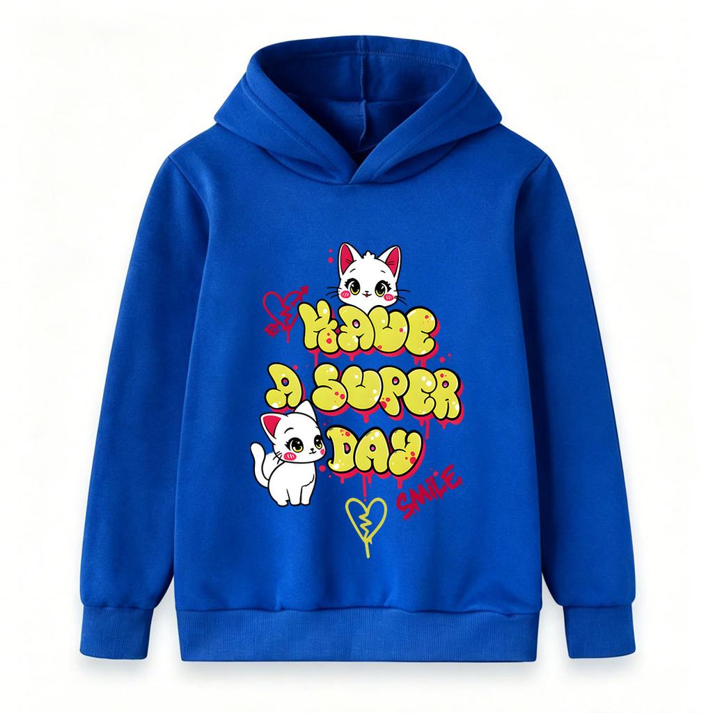 Kids Boys Girls Pullover Hoodie, Cute White Cat Graffiti Print 'Have A Super Day' Casual Soft Long Sleeve Hooded Sweatshirt for Daily Warm Wear