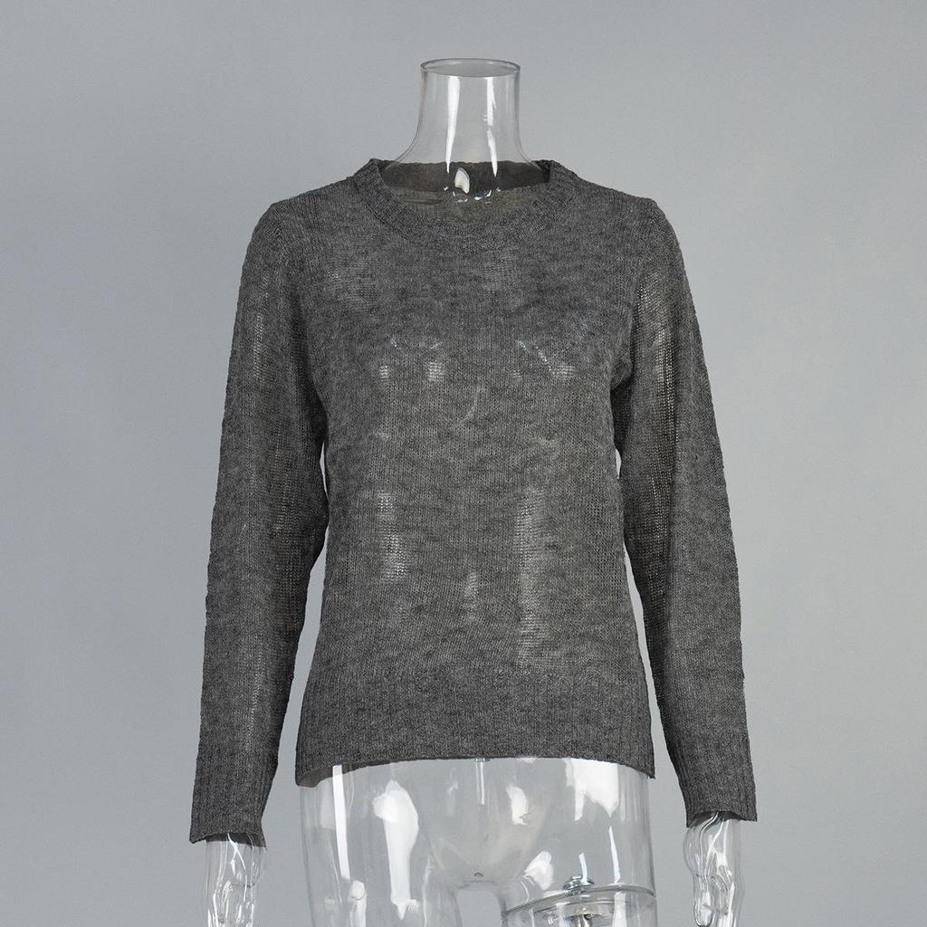 2025 Spring/Summer Women's European-American Mohair Crew Neck Semi-Transparent Knitted Sweater