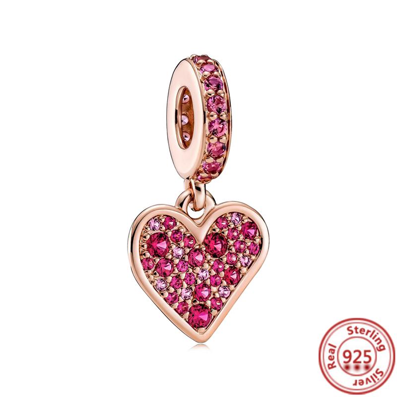 

Лидер продаж, серия из розового золота, розовый циркон, листья, кулон в форме сердца, сверкающий зажим, бусина, подходит для браслета, DIY S925, серебряные украшения