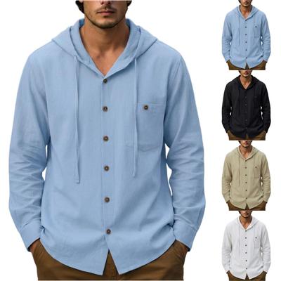 Men's Fashion Casual Cotton-Linen Hooded Padded Shirt - Men's Outdoor Lightweight Buttoned Long-Sleeved Shirt
