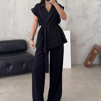 Women's Short Sleeve Belted Blazer and Wide Leg Pants Suit Set Black Casual Outfit