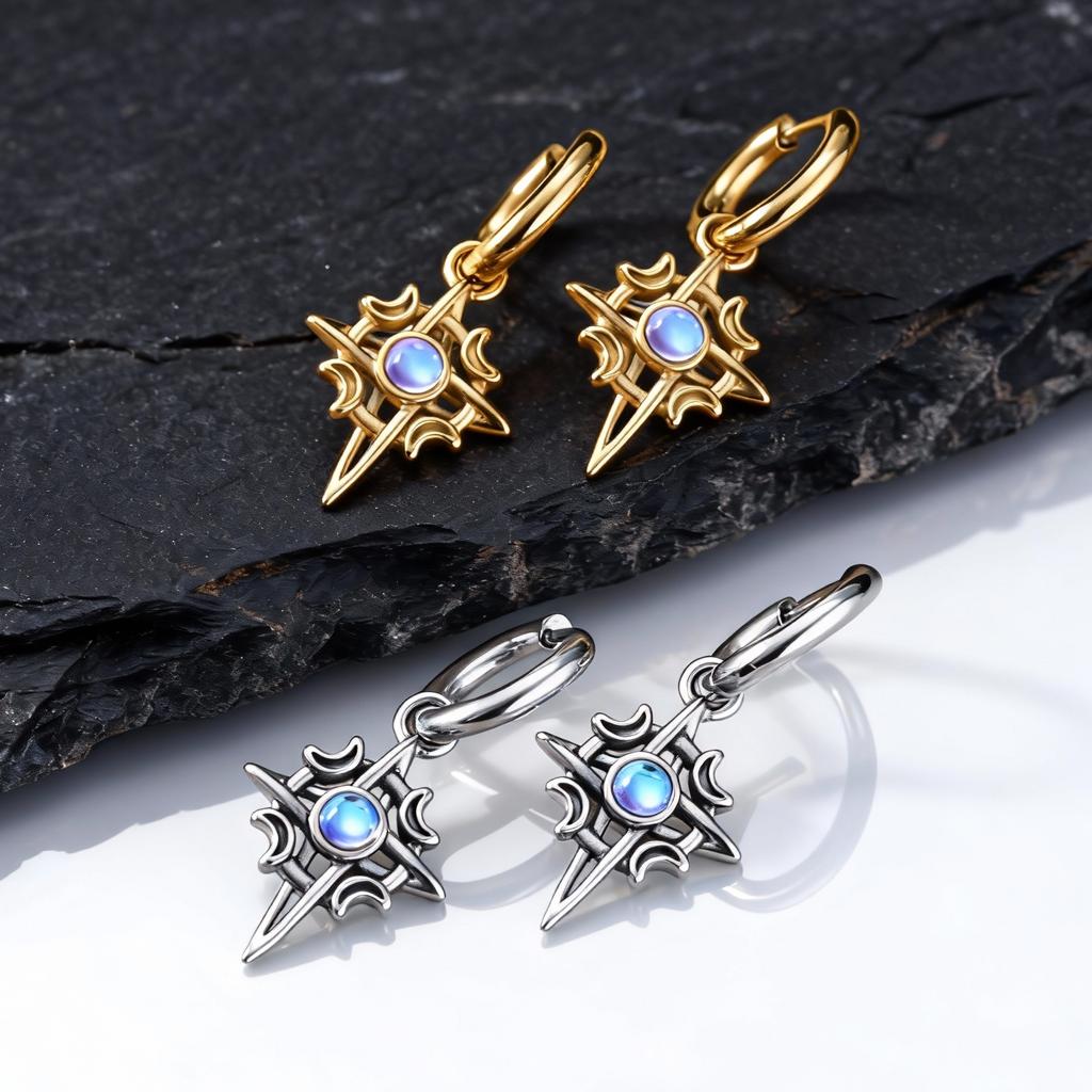 High Quality Moonlight Stone Hoop Earrings for Men,Stainless Steel Four Pointed Star Hoop Earrings,Trendy Jewelry Gift