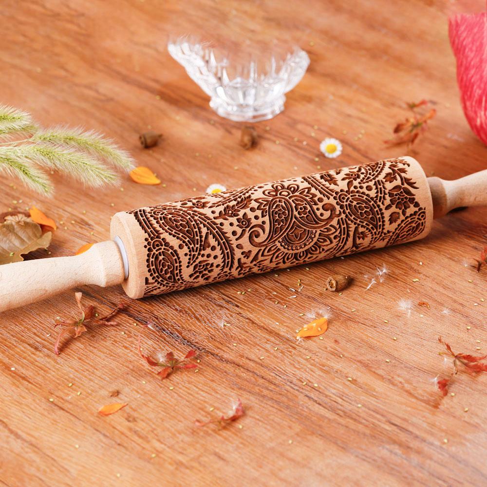 1 Pcs Wooden Sunflower Embossed Rolling Pin with Pattern for Kitchen Pastry Baking Tools Deep Engraving Cookies Stamp Tool