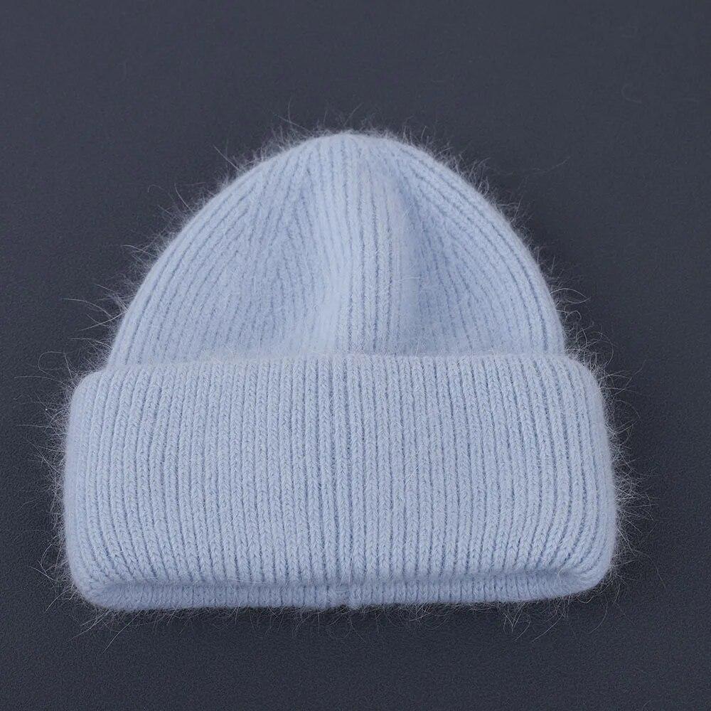 Winter Real Rabbit Fur Knitted Beanies For Women Fashion Solid Warm Cashmere Wool Skullies Beanies Female Fold Thick Hats